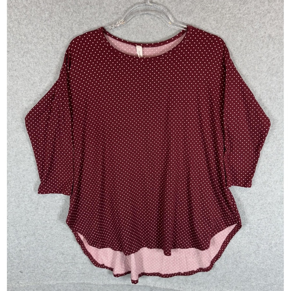 Honeyme Shirt Womens Medium Maroon Pink Polka Dot 3/4 Sleeve Lightweight Top